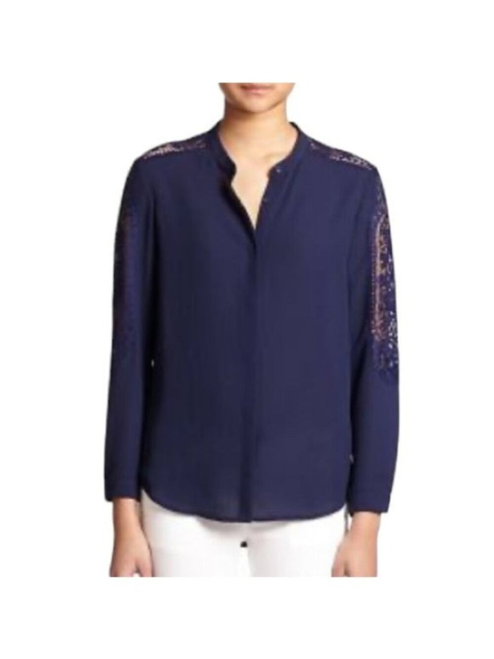 The Kooples Women's Extra Small Blue Lace Insert Long Sleeve Button Up Shirt